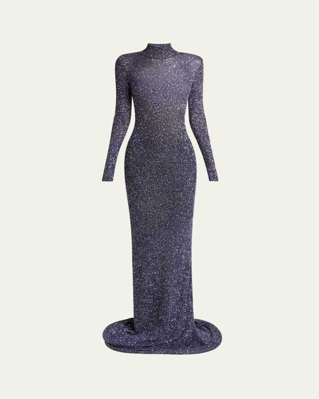 Sequined Mock-Neck Maxi Dress